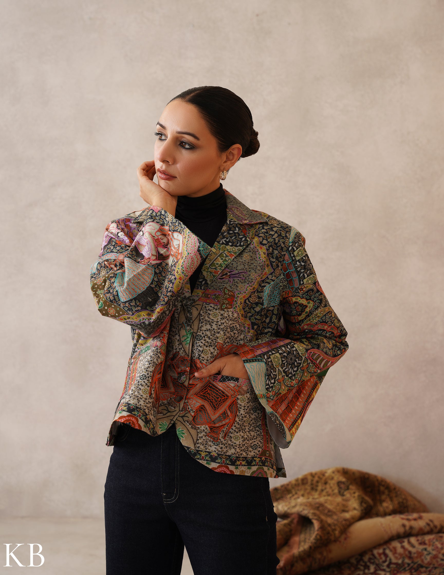 Nayaab Multicolour Kalamkari Print Sozni Outlined Fine Wool Blazer - Kashmir Box