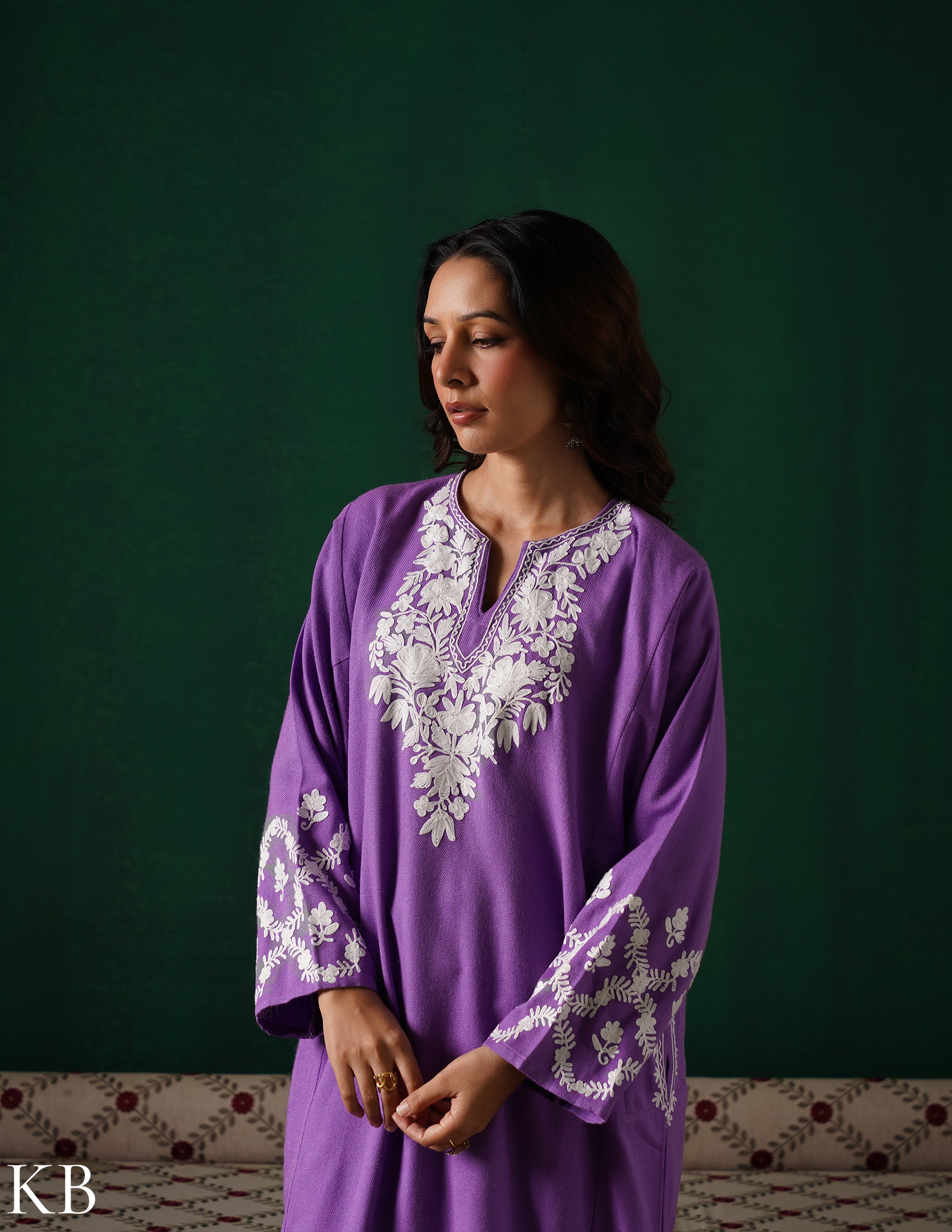 Kashmiri White Aari Embroidered Woollen Phiran – Purple | Timeless Winter Wear - Kashmir Box