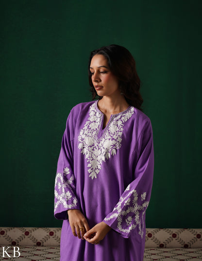 Kashmiri White Aari Embroidered Woollen Phiran – Purple | Timeless Winter Wear - Kashmir Box