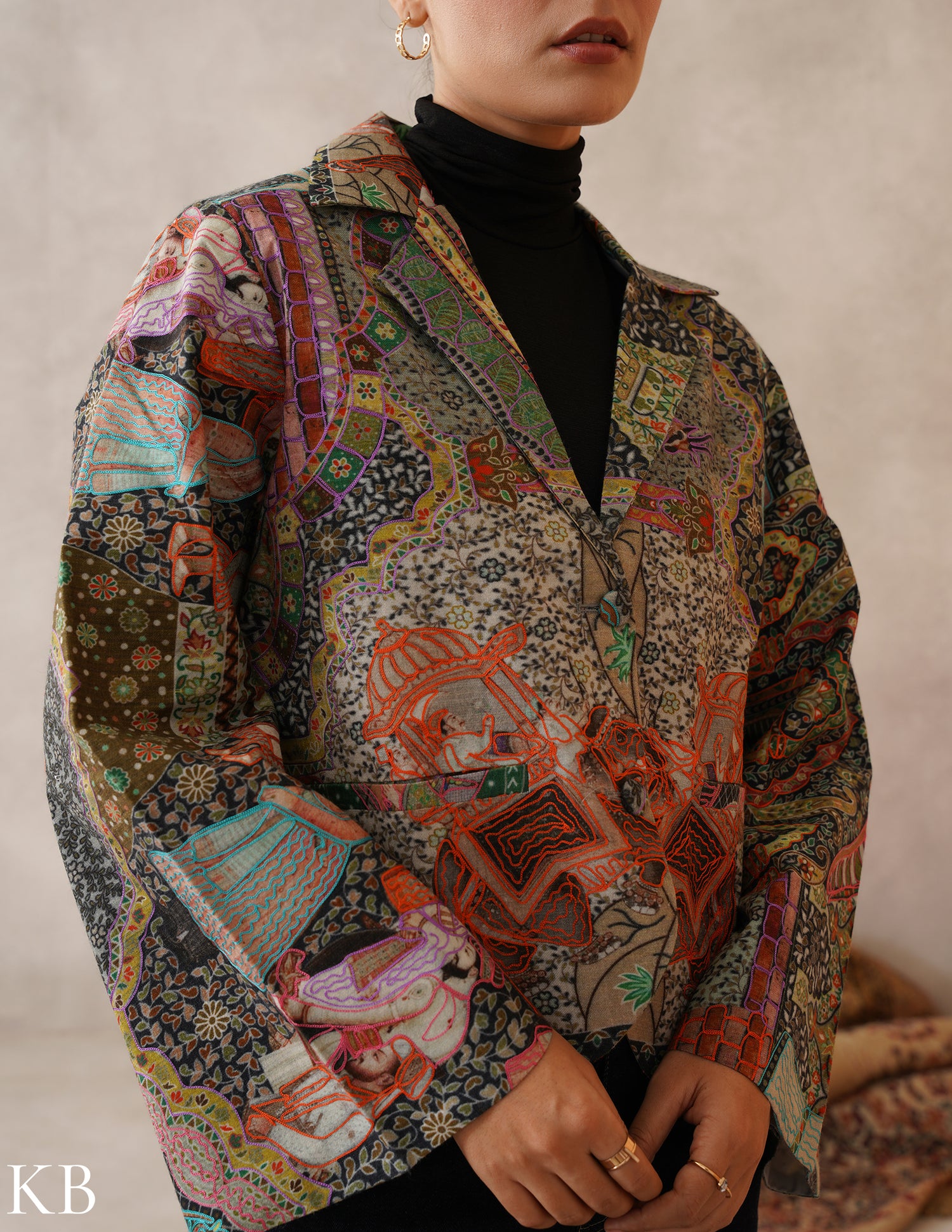 Nayaab Multicolour Kalamkari Print Sozni Outlined Fine Wool Blazer - Kashmir Box