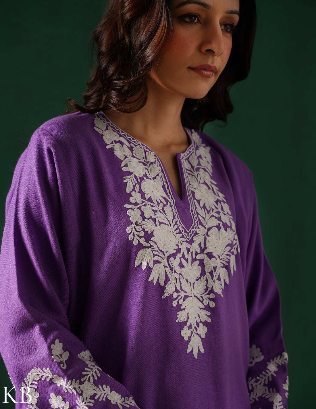 Kashmiri White Aari Embroidered Woollen Phiran – Purple | Timeless Winter Wear - Kashmir Box