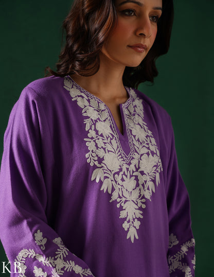 Kashmiri White Aari Embroidered Woollen Phiran – Purple | Timeless Winter Wear - Kashmir Box