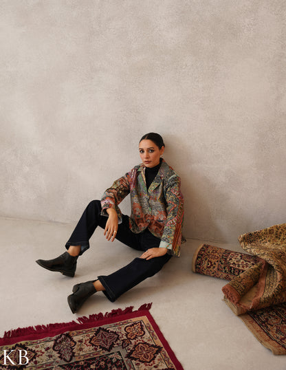 Nayaab Multicolour Kalamkari Print Sozni Outlined Fine Wool Blazer - Kashmir Box
