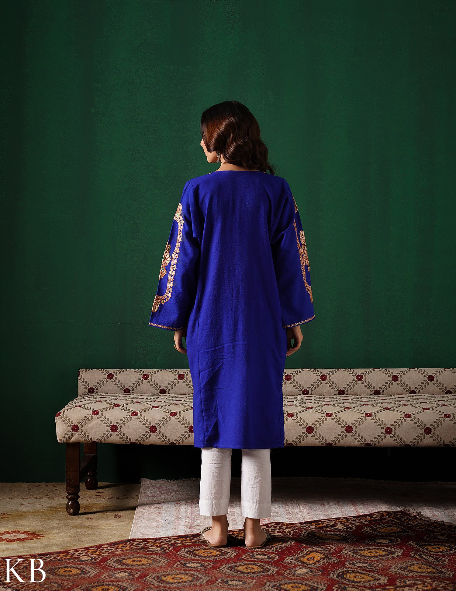 Kashmiri Golden Boti Tilla Embroidered Woollen Phiran – Royal Blue | Handcrafted Heritage - Kashmir Box