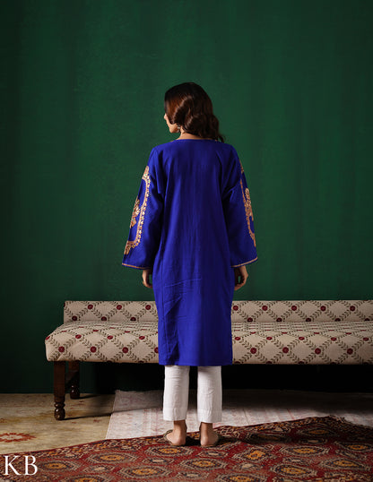 Kashmiri Golden Boti Tilla Embroidered Woollen Phiran – Royal Blue | Handcrafted Heritage - Kashmir Box