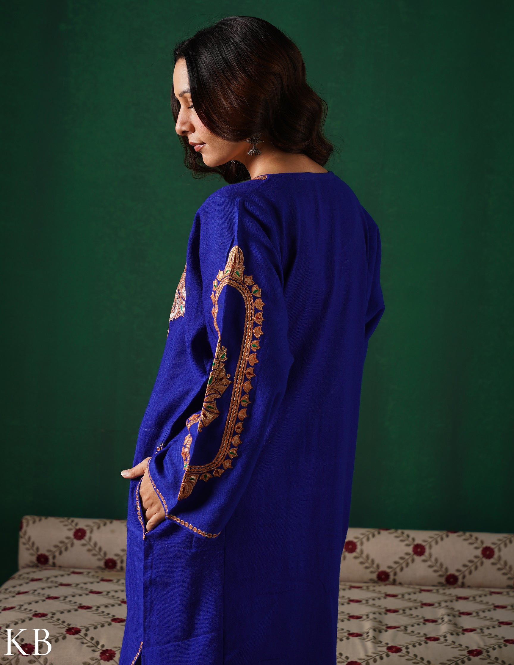 Kashmiri Golden Boti Tilla Embroidered Woollen Phiran – Royal Blue | Handcrafted Heritage - Kashmir Box