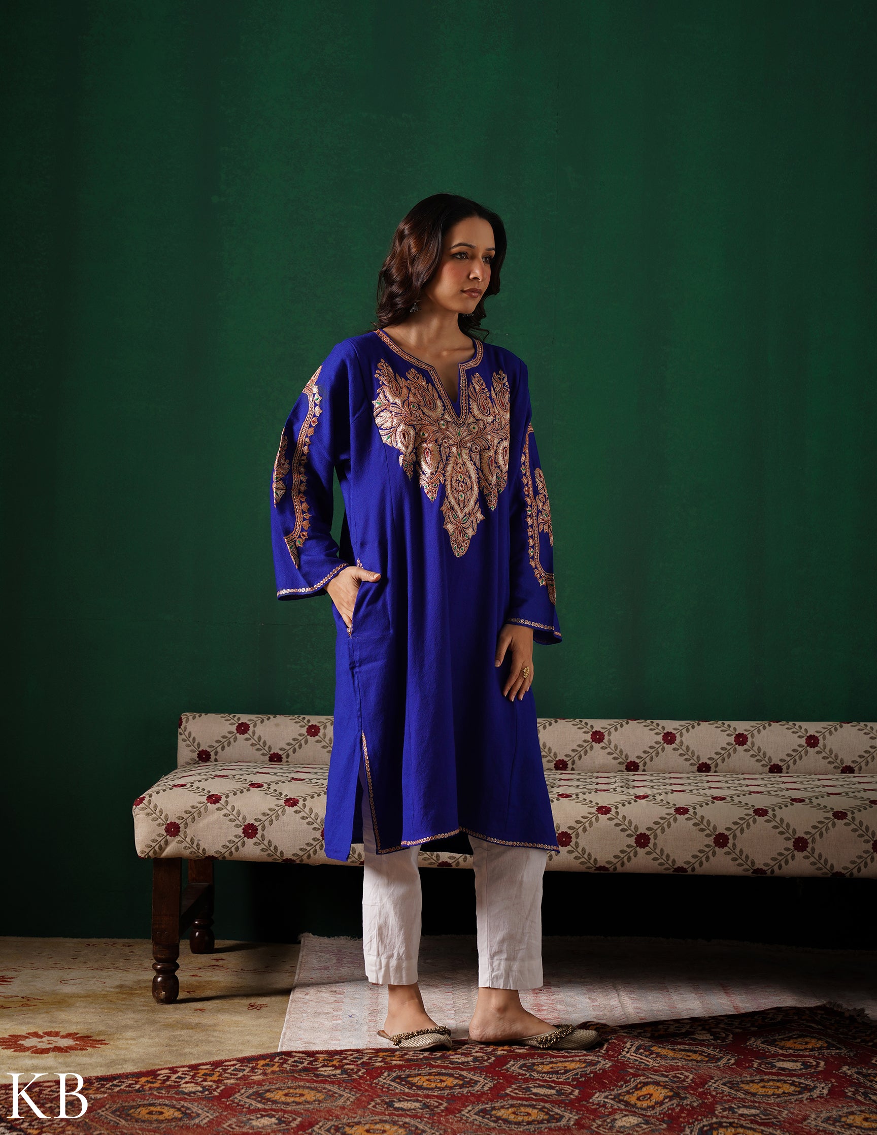 Kashmiri Golden Boti Tilla Embroidered Woollen Phiran – Royal Blue | Handcrafted Heritage - Kashmir Box