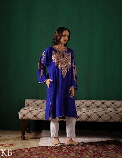 Kashmiri Golden Boti Tilla Embroidered Woollen Phiran – Royal Blue | Handcrafted Heritage - Kashmir Box