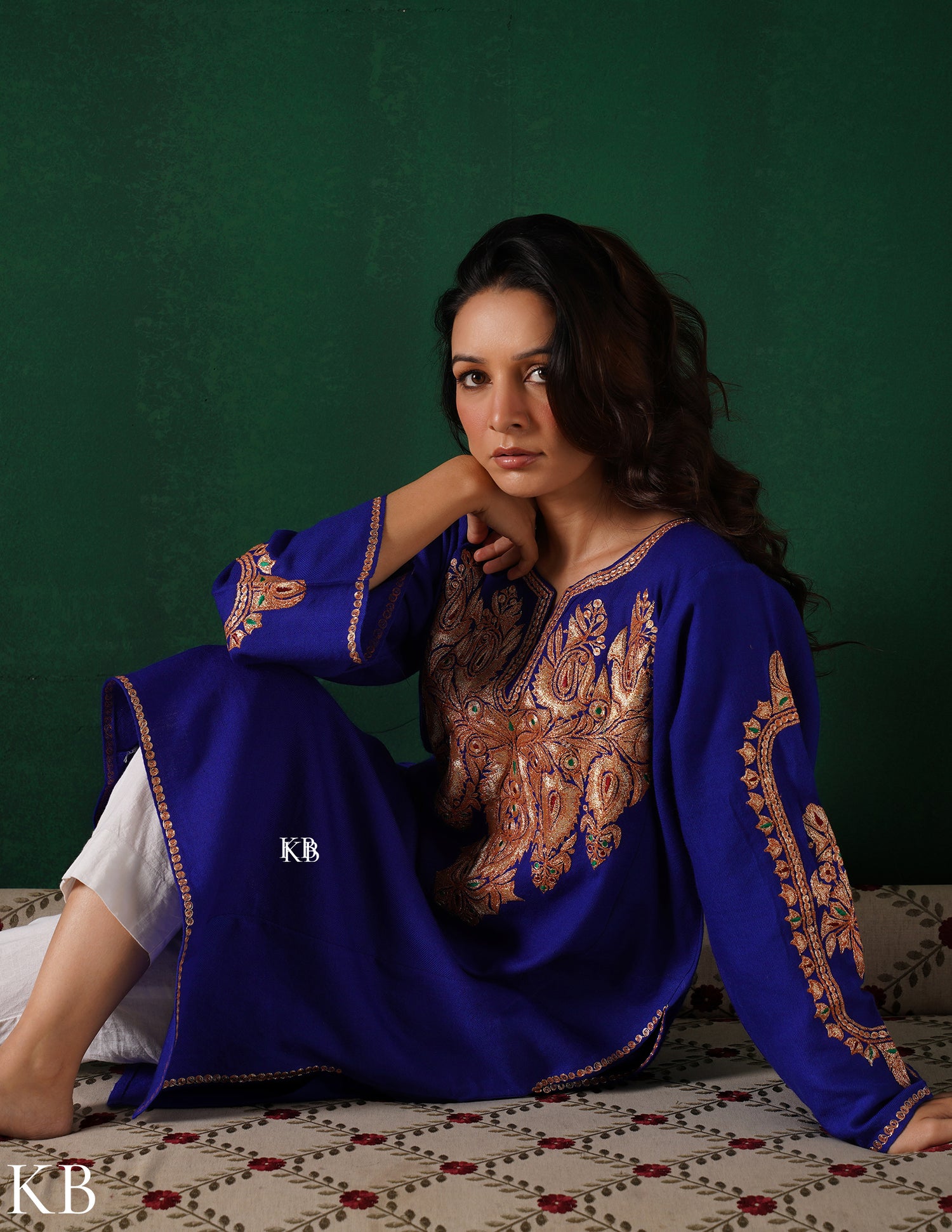 Kashmiri Golden Boti Tilla Embroidered Woollen Phiran – Royal Blue | Handcrafted Heritage - Kashmir Box