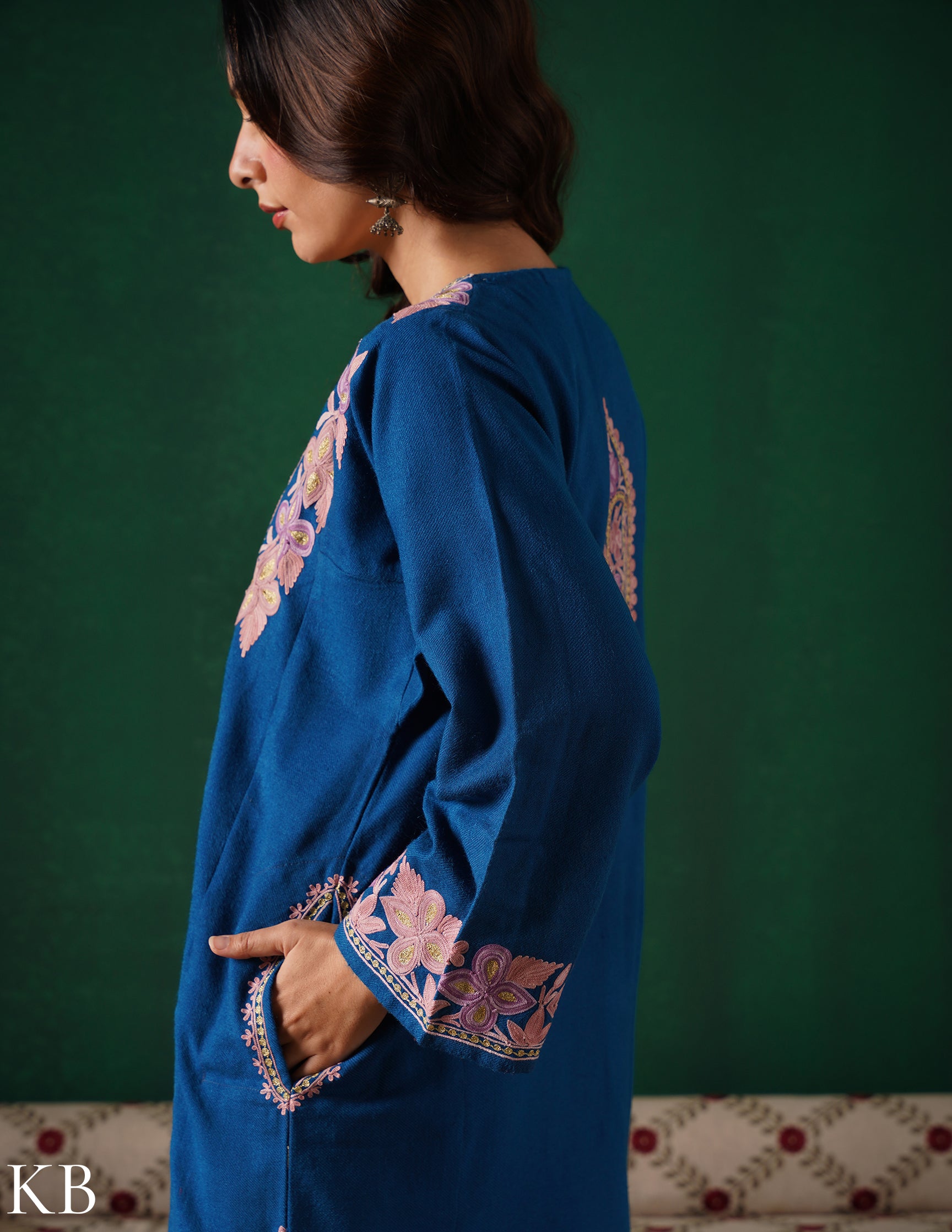 Kashmiri Aari &amp; Zari Embroidered Woollen Phiran – Teal Blue | Handcrafted Heritage - Kashmir Box