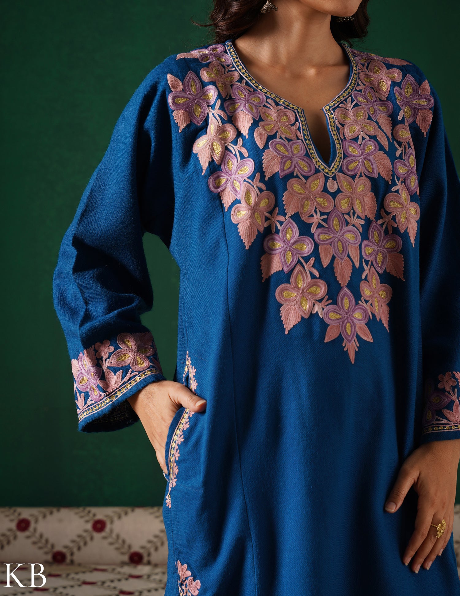 Kashmiri Aari &amp; Zari Embroidered Woollen Phiran – Teal Blue | Handcrafted Heritage - Kashmir Box