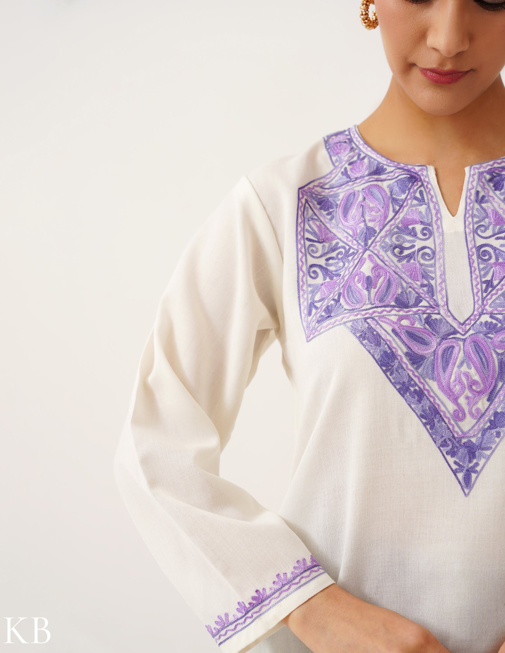 Lilac-Tinted Embroidered White Kurti - Kashmir Box