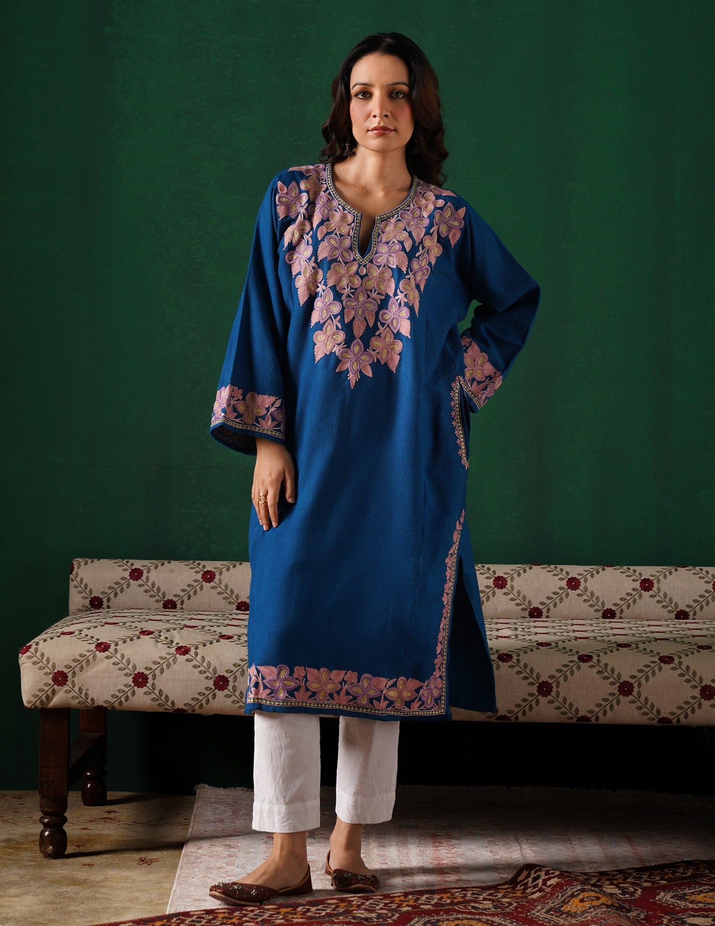 Kashmiri Aari &amp; Zari Embroidered Woollen Phiran – Teal Blue | Handcrafted Heritage - Kashmir Box