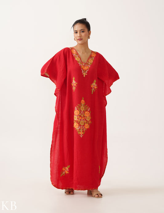 Bloom Embroidered Vibrant Red Crush Cotton Kaftan