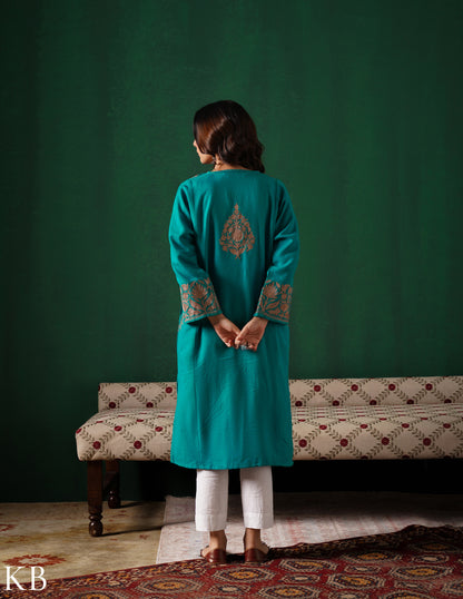 Teal Green Kashmiri Dark Brown Zari Embroidered Woollen Phiran  | Handcrafted Heritage - Kashmir Box