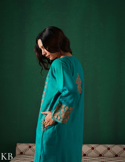 Teal Green Kashmiri Dark Brown Zari Embroidered Woollen Phiran  | Handcrafted Heritage - Kashmir Box