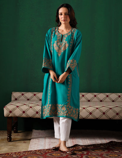 Teal Green Kashmiri Dark Brown Zari Embroidered Woollen Phiran  | Handcrafted Heritage - Kashmir Box