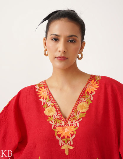 Bloom Embroidered Vibrant Red Crush Cotton Kaftan - Kashmir Box