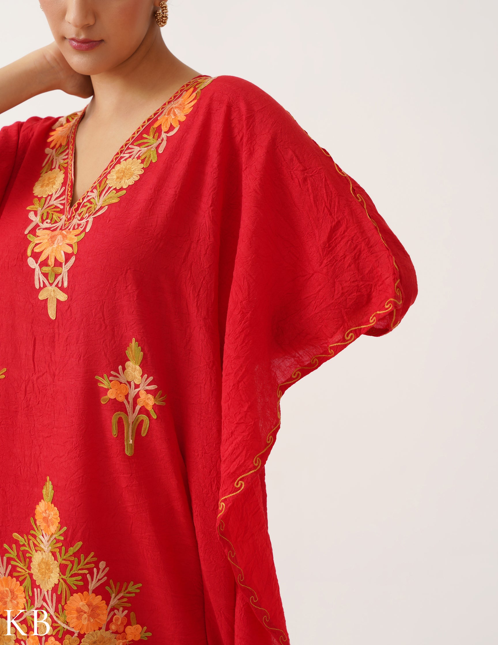 Bloom Embroidered Vibrant Red Crush Cotton Kaftan - Kashmir Box