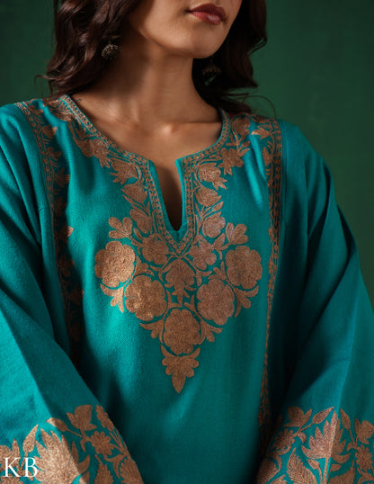 Teal Green Kashmiri Dark Brown Zari Embroidered Woollen Phiran  | Handcrafted Heritage - Kashmir Box
