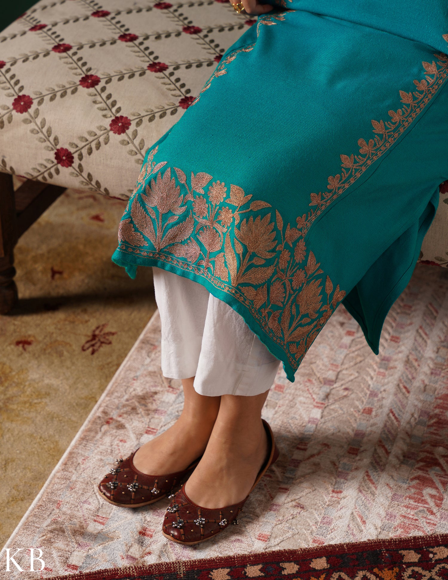 Teal Green Kashmiri Dark Brown Zari Embroidered Woollen Phiran  | Handcrafted Heritage - Kashmir Box