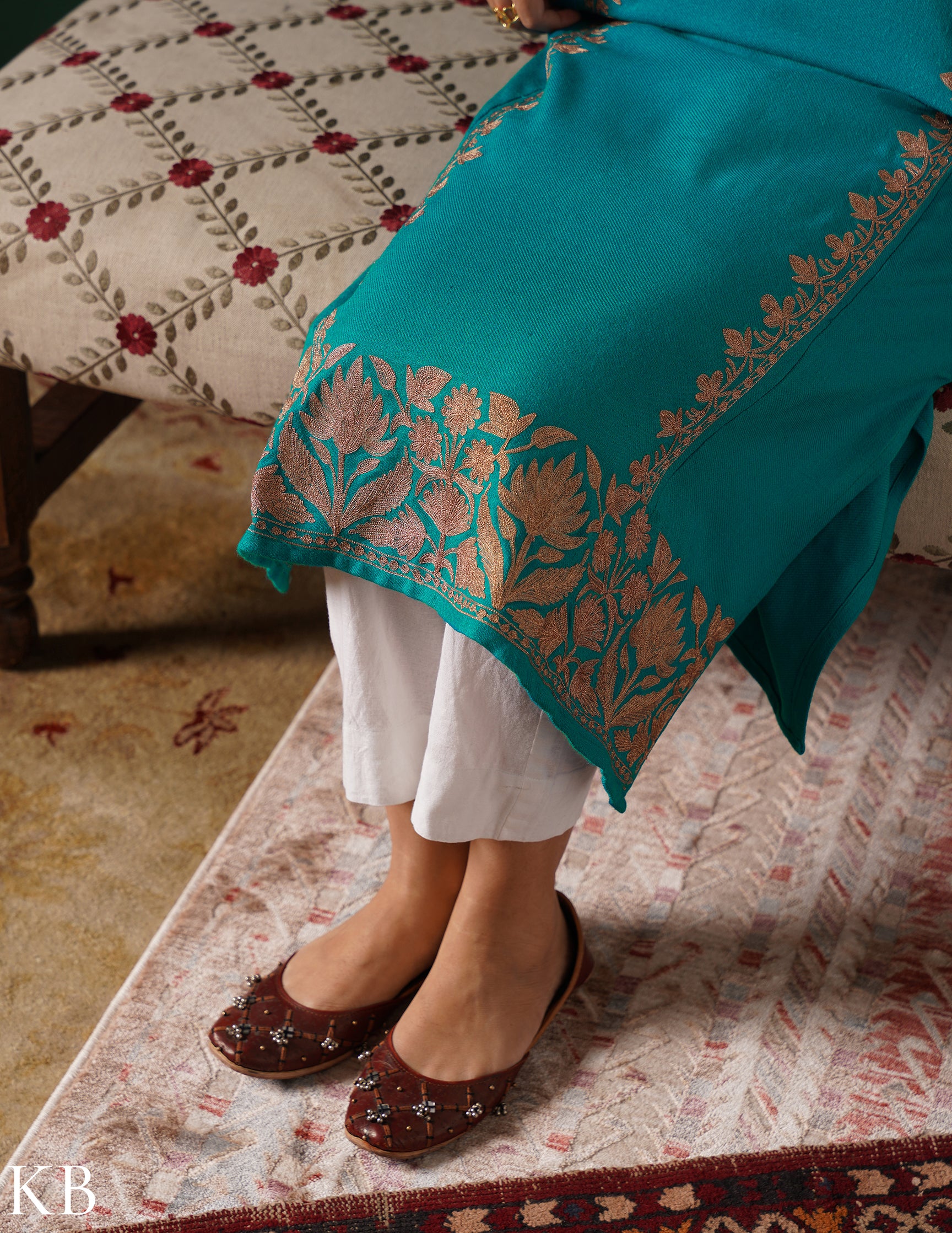 Teal Green Kashmiri Dark Brown Zari Embroidered Woollen Phiran  | Handcrafted Heritage - Kashmir Box