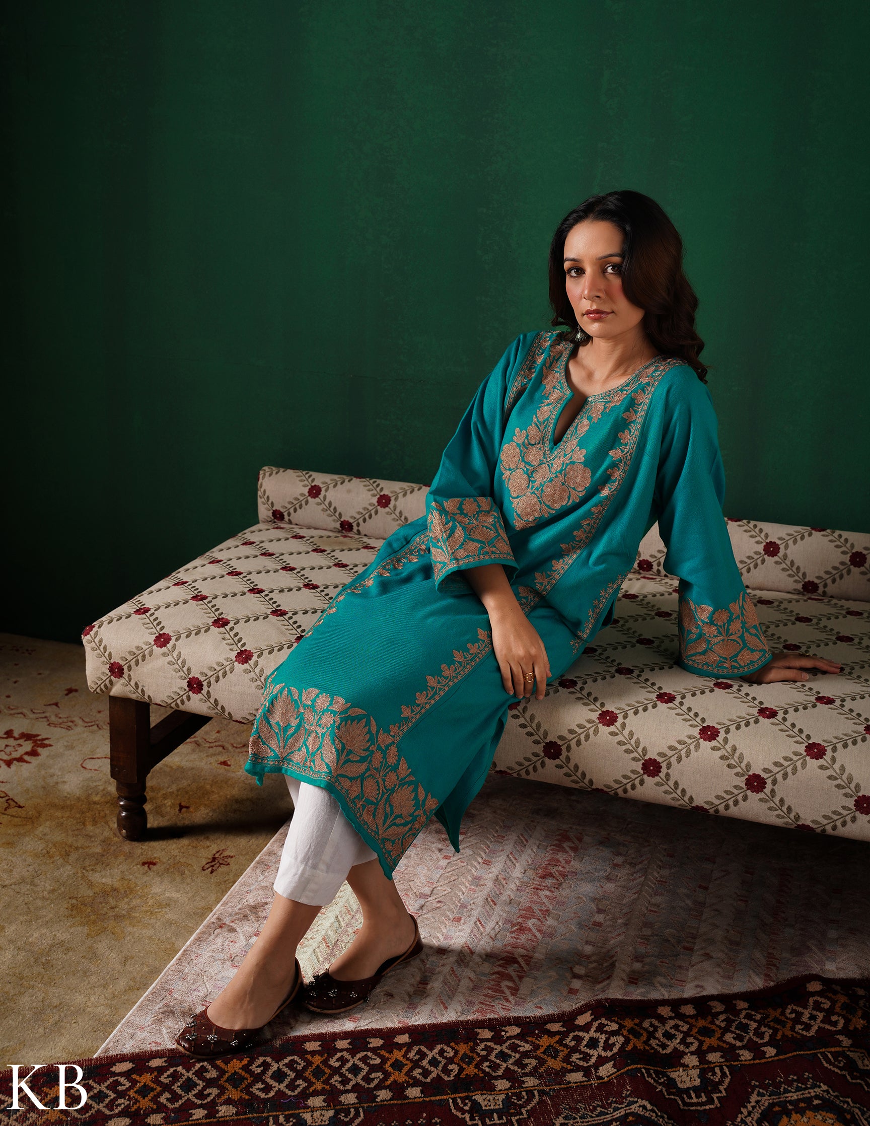 Teal Green Kashmiri Dark Brown Zari Embroidered Woollen Phiran  | Handcrafted Heritage - Kashmir Box