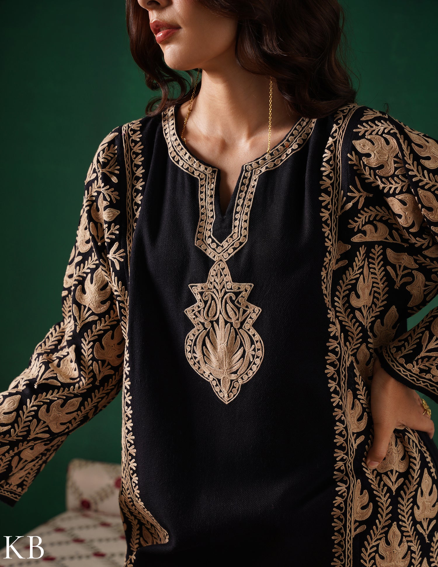 Kashmiri Light Brown Aari Embroidered Woollen Phiran – Black | Timeless Winter Wear - Kashmir Box