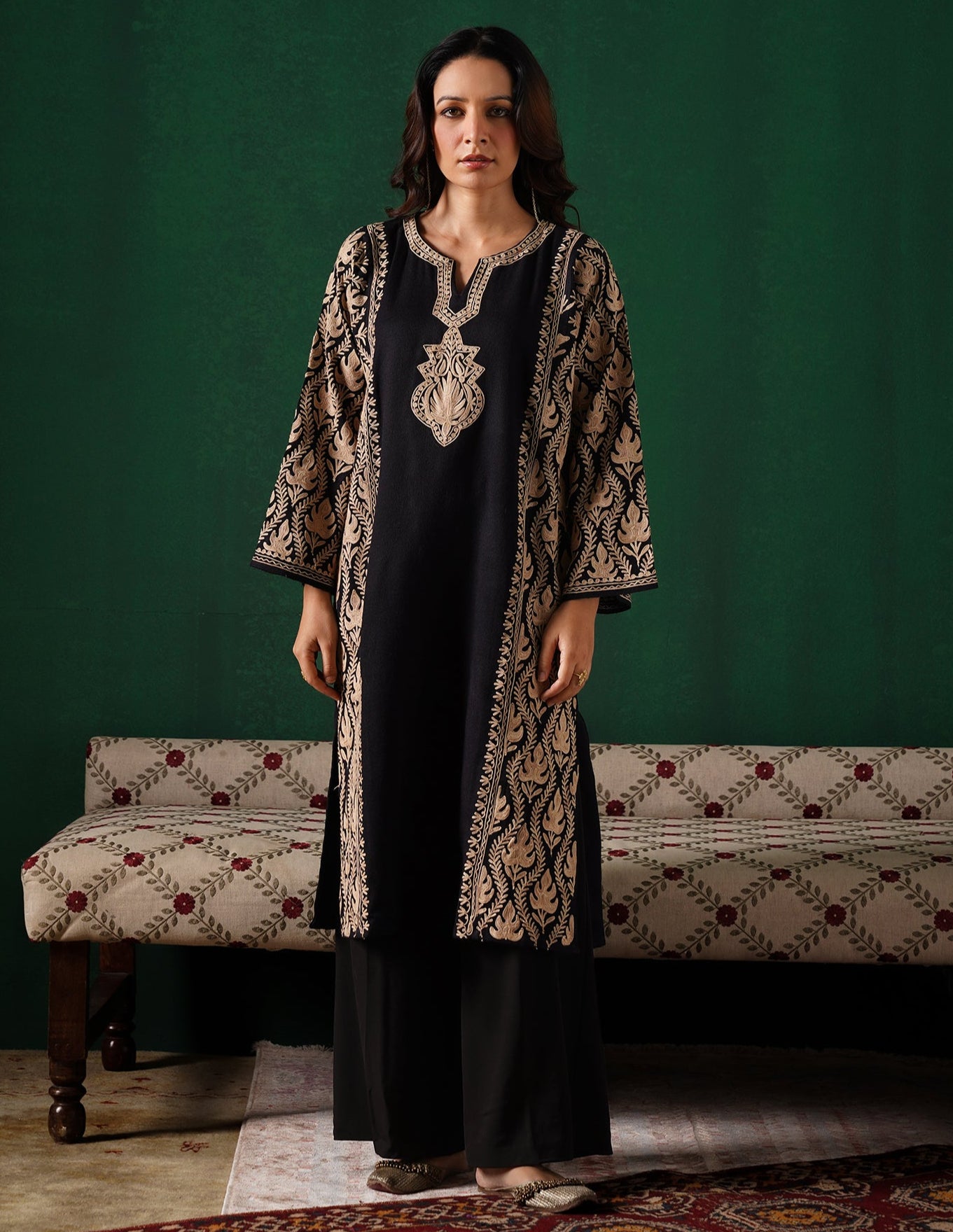 Kashmiri Light Brown Aari Embroidered Woollen Phiran – Black | Timeless Winter Wear - Kashmir Box