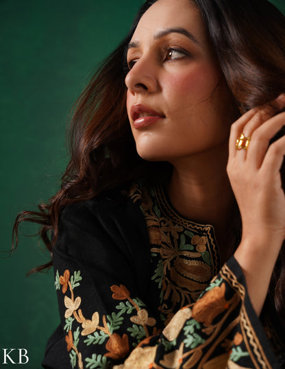 Rang-e-Khizan Pure Luxurious Wool Black Aari Phiran - Kashmir Box