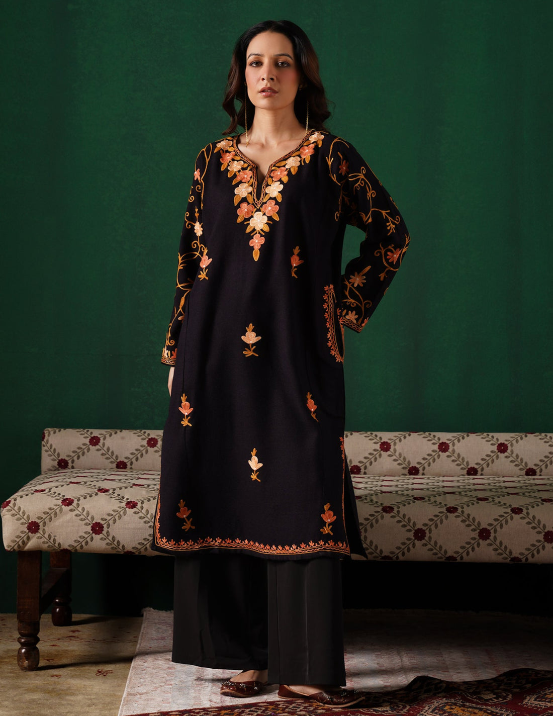 Kashmiri Pink &amp; Brown Aari Embroidered Woollen Phiran – Black | Timeless Winter Wear - Kashmir Box