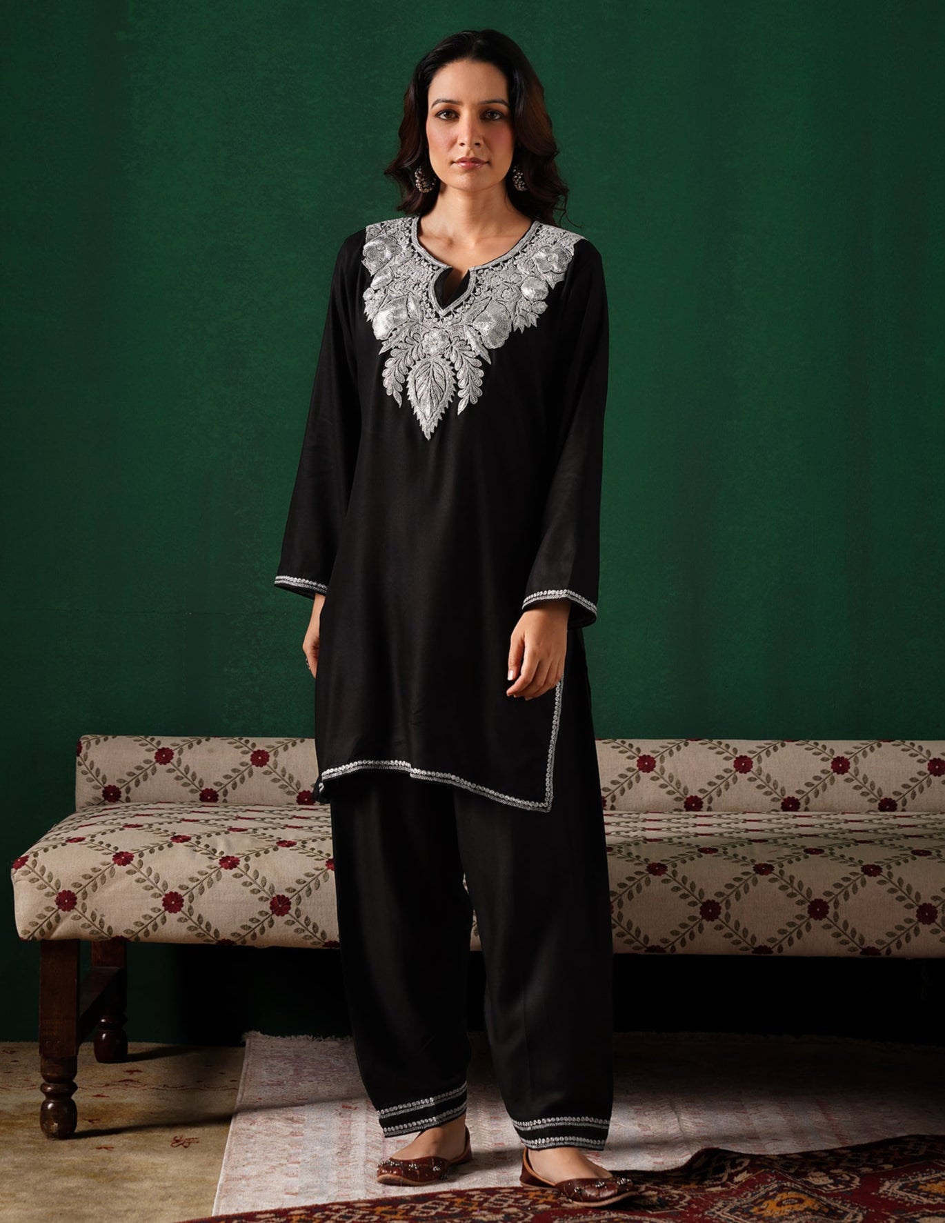 Kashmiri Silver Boti Tilla Embroidered Woollen Coordset – Black | Handcrafted Heritage - Kashmir Box