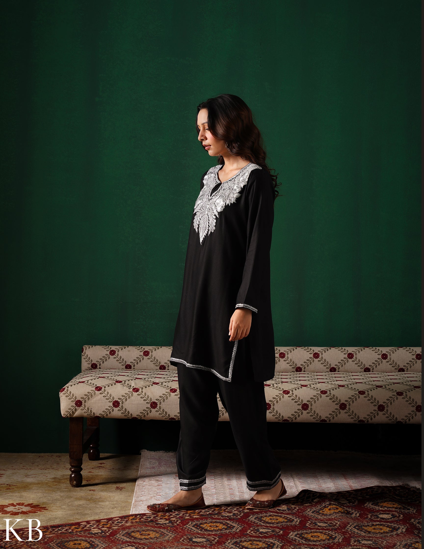 Kashmiri Silver Boti Tilla Embroidered Woollen Coordset – Black | Handcrafted Heritage - Kashmir Box