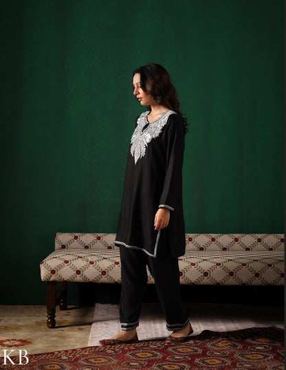 Kashmiri Silver Boti Tilla Embroidered Woollen Coordset – Black | Handcrafted Heritage - Kashmir Box