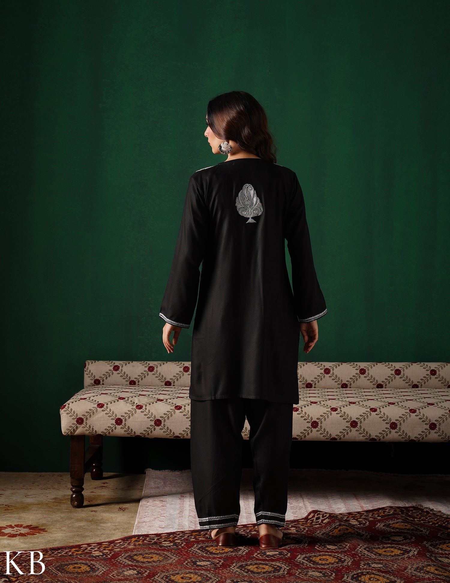 Kashmiri Silver Boti Tilla Embroidered Woollen Coordset – Black | Handcrafted Heritage - Kashmir Box