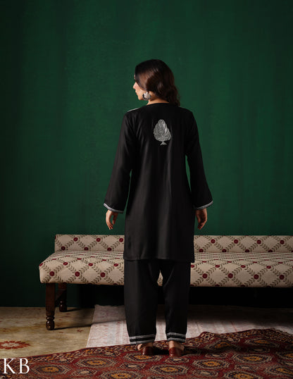 Kashmiri Silver Boti Tilla Embroidered Woollen Coordset – Black | Handcrafted Heritage - Kashmir Box
