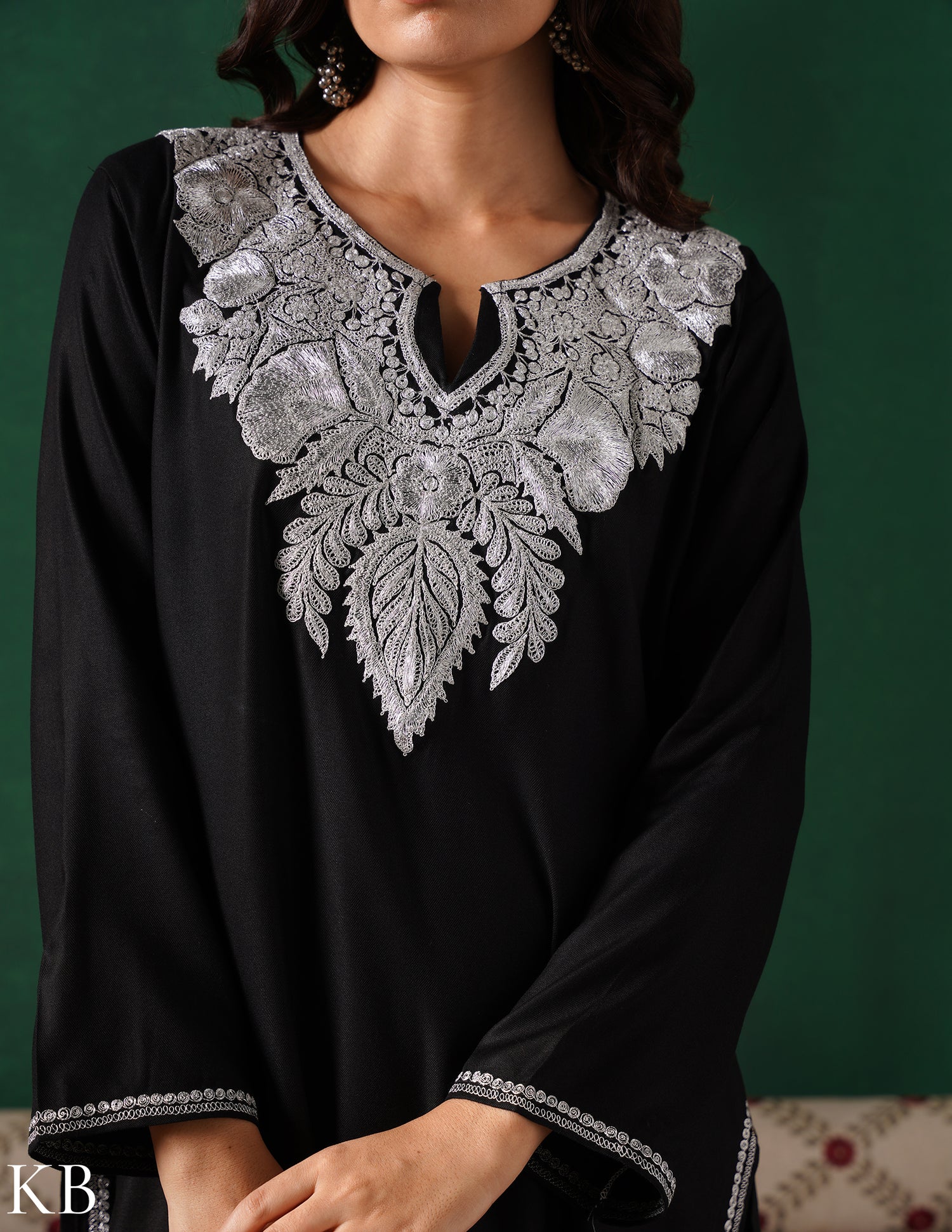 Kashmiri Silver Boti Tilla Embroidered Woollen Coordset – Black | Handcrafted Heritage - Kashmir Box