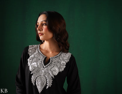 Kashmiri Silver Boti Tilla Embroidered Woollen Coordset – Black | Handcrafted Heritage - Kashmir Box