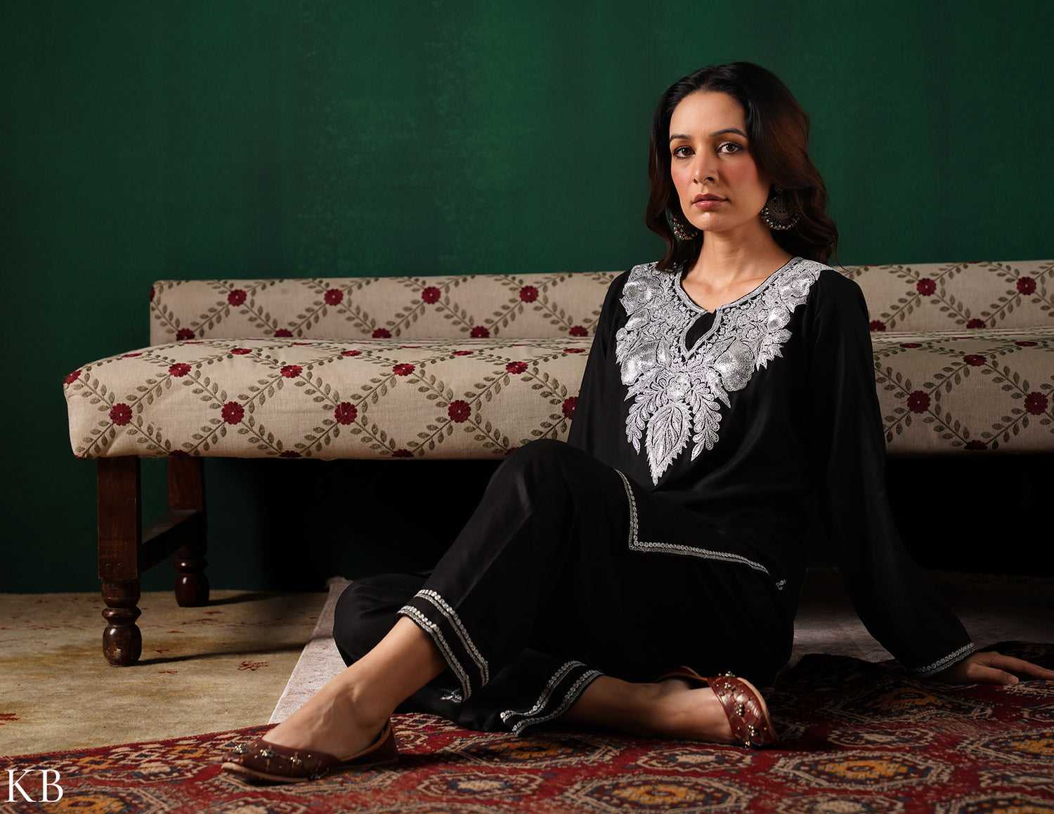 Kashmiri Silver Boti Tilla Embroidered Woollen Coordset – Black | Handcrafted Heritage - Kashmir Box