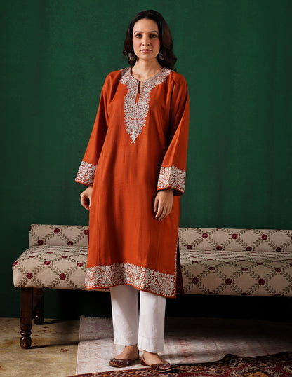 Rang-e-Khizan Rust Paisley Zari Phiran - Kashmir Box