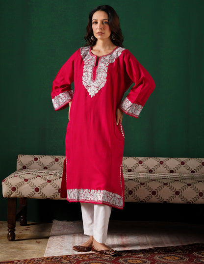 Kashmiri Silver Zari Embroidered Woollen Phiran – Pink | Handcrafted Heritage - Kashmir Box