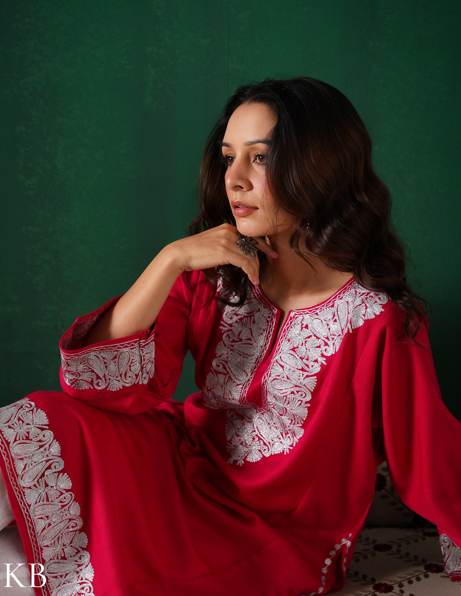 Kashmiri Silver Zari Embroidered Woollen Phiran – Pink | Handcrafted Heritage - Kashmir Box