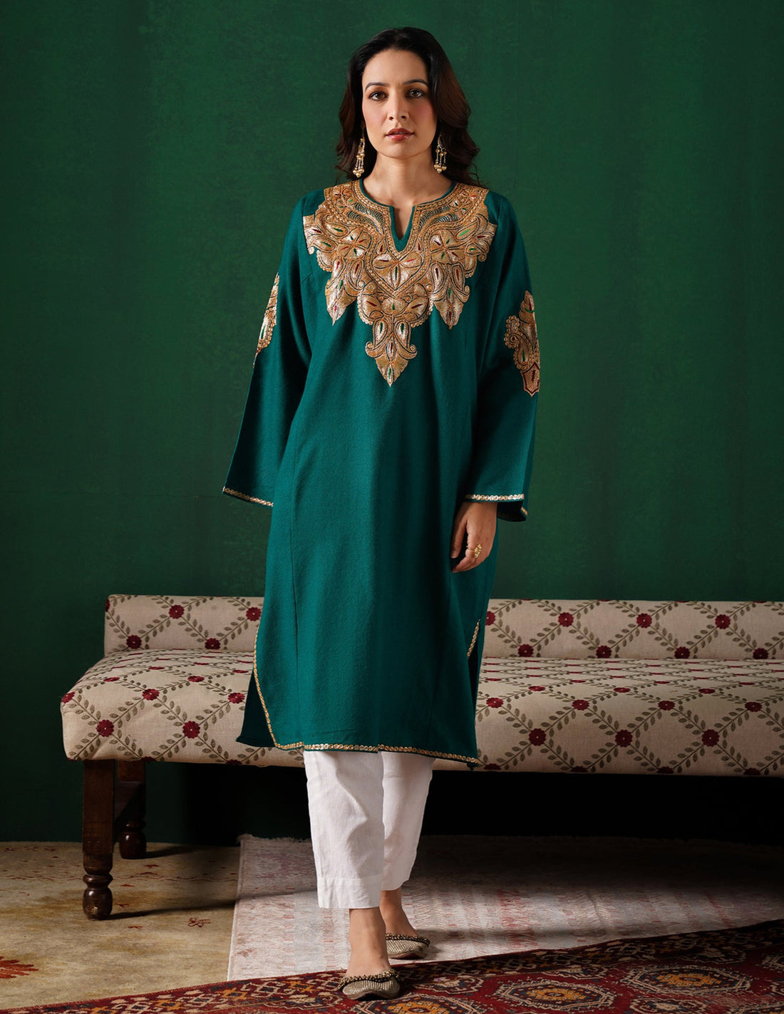 Kashmiri Golden Boti Tilla Embroidered Woollen Phiran – Bottle Green | Handcrafted Heritage - Kashmir Box