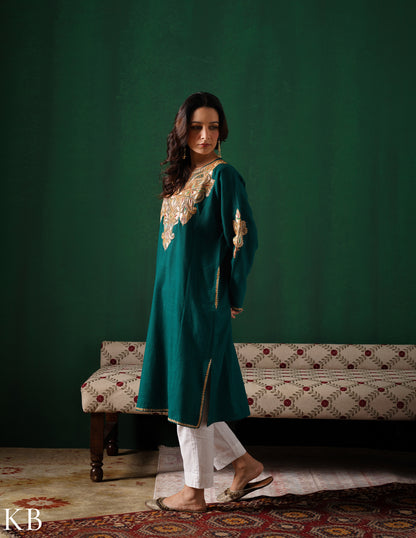 Kashmiri Golden Boti Tilla Embroidered Woollen Phiran – Bottle Green | Handcrafted Heritage - Kashmir Box