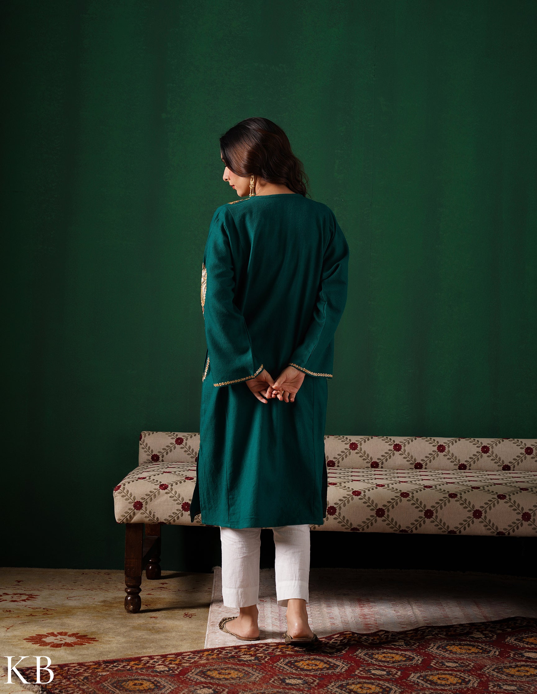 Kashmiri Golden Boti Tilla Embroidered Woollen Phiran – Bottle Green | Handcrafted Heritage - Kashmir Box