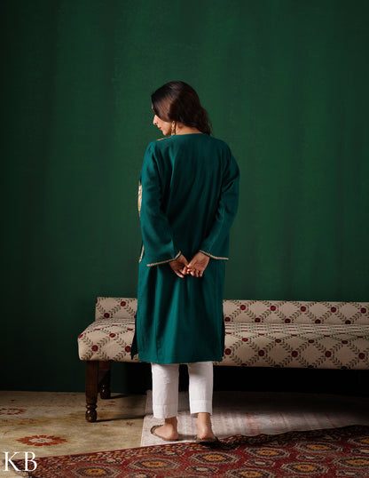 Kashmiri Golden Boti Tilla Embroidered Woollen Phiran – Bottle Green | Handcrafted Heritage - Kashmir Box
