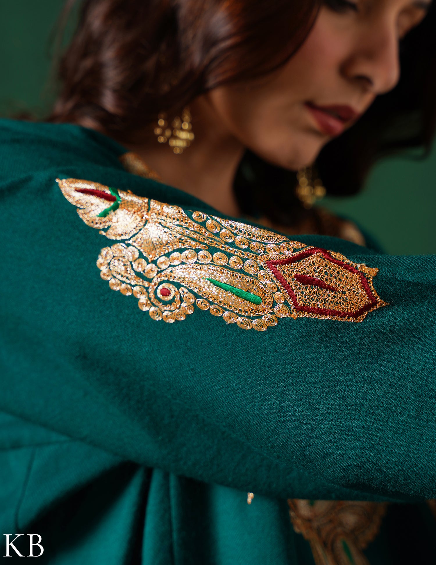 Kashmiri Golden Boti Tilla Embroidered Woollen Phiran – Bottle Green | Handcrafted Heritage - Kashmir Box