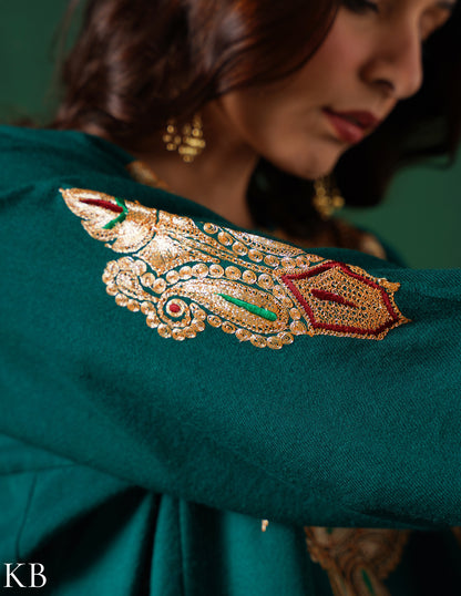 Kashmiri Golden Boti Tilla Embroidered Woollen Phiran – Bottle Green | Handcrafted Heritage - Kashmir Box