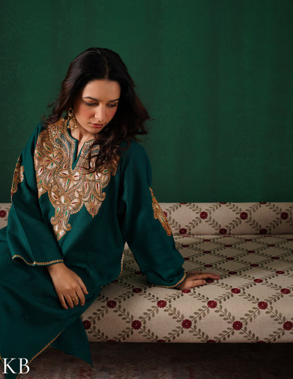 Kashmiri Golden Boti Tilla Embroidered Woollen Phiran – Bottle Green | Handcrafted Heritage - Kashmir Box