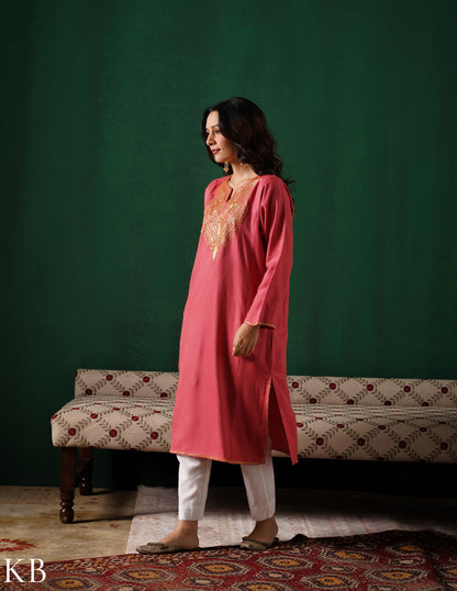 Kashmiri Golden Boti Tilla Embroidered Woollen Phiran – Pink | Handcrafted Heritage - Kashmir Box